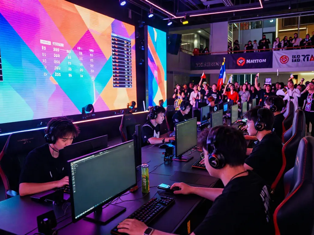 Exciting juraganbola esports arena with gamers engaging in competition.