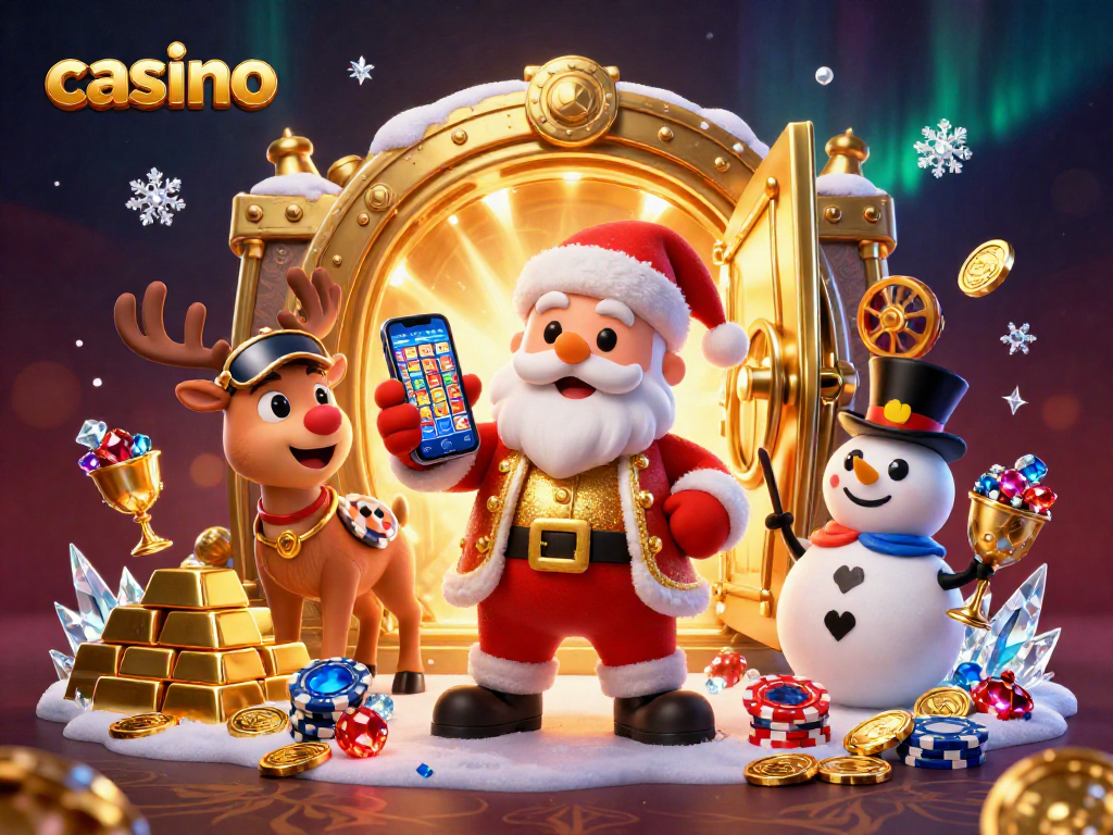 Spin the casino jackpot with Santa and friends amidst golden treasure and festive excitement!