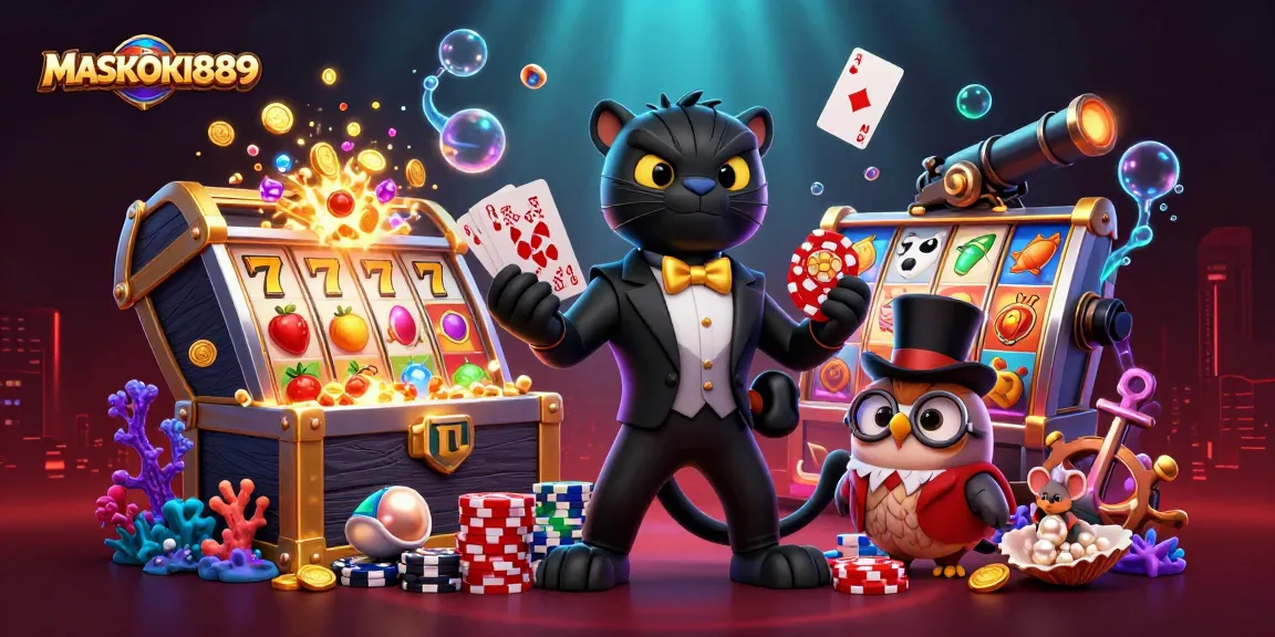 Experience the excitement of MASKOKI889 with a stylish panther dealing cards amidst vibrant slot machines and treasure!
