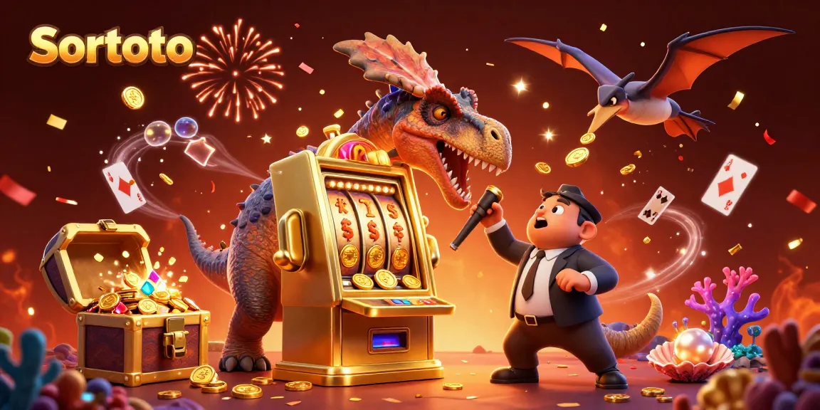 Sortoto offers exciting slots action as a pachycephalosaurus wins a jackpot, encircled by gold coins.