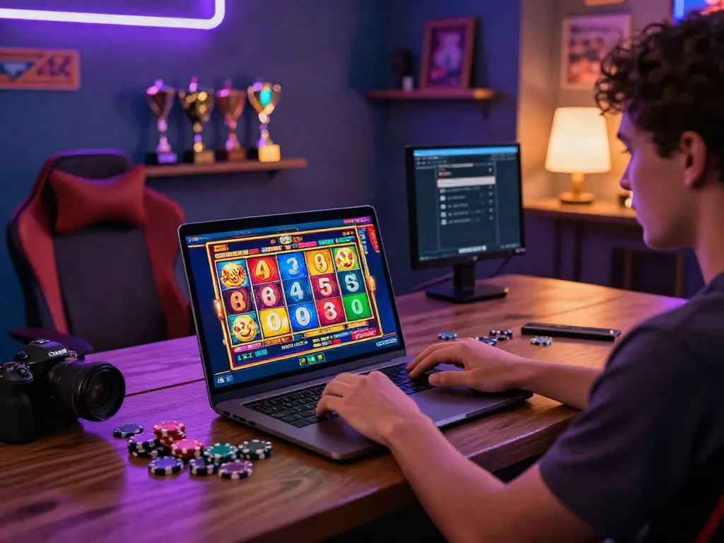 Engaging slot gacor gaming scene featuring a player at a vibrant online casino setup.