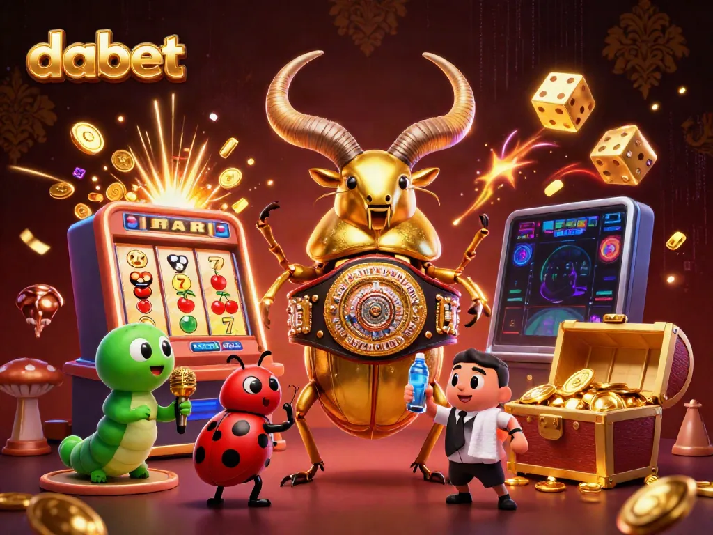 Dabet promotional illustration featuring a golden stag beetle champion, vibrant game elements, and rich casino ambiance.