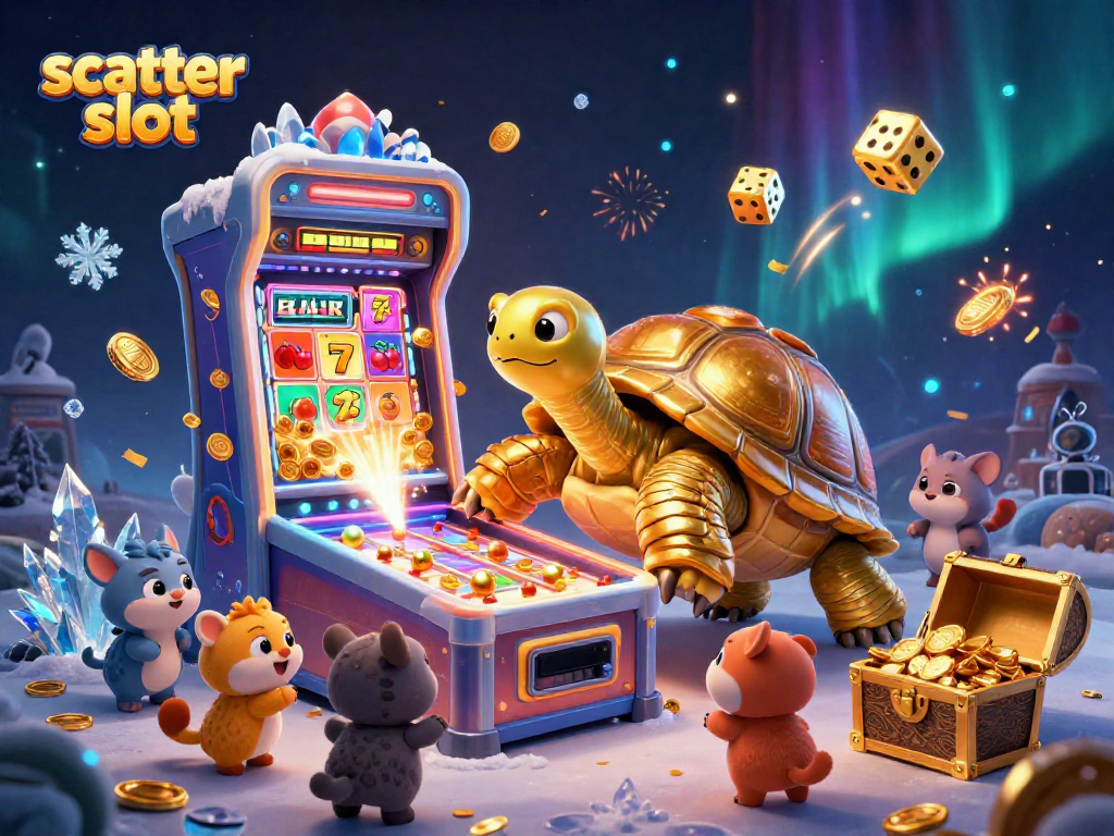 Engage with scatter slot visuals featuring a golden tortoise and vibrant slot machine elements.