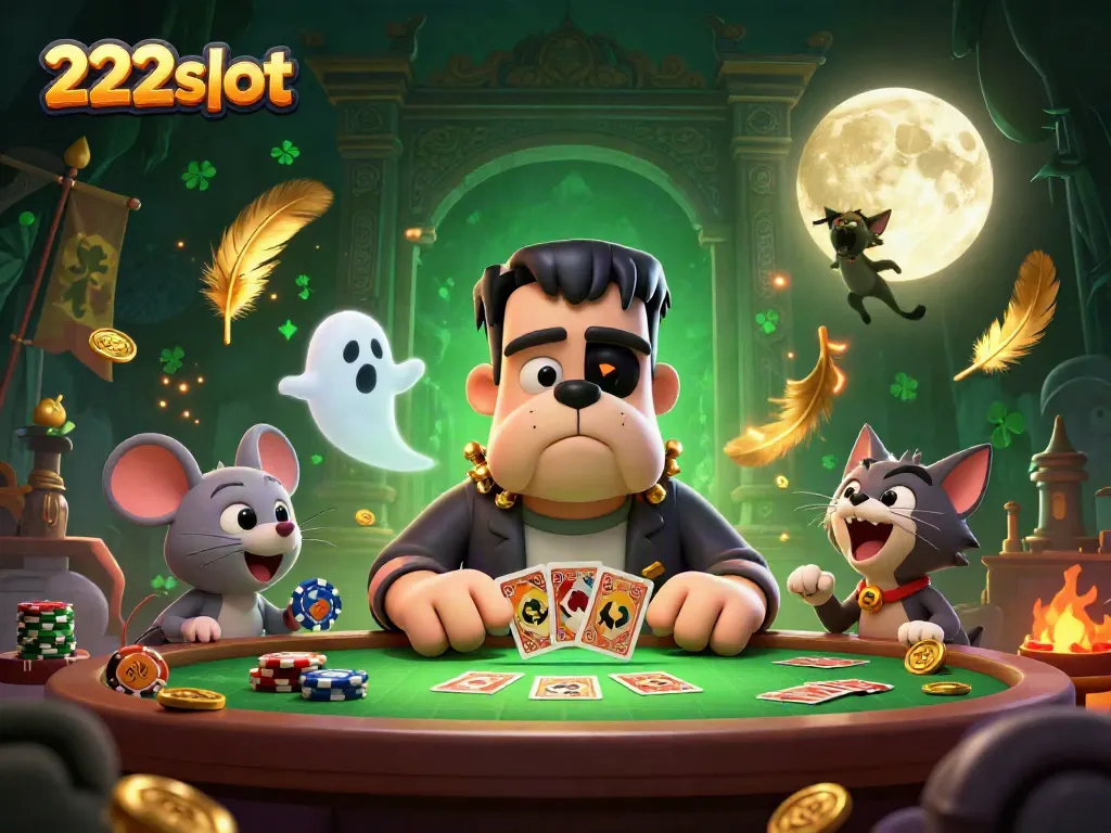 Permainan kartu 222slot dengan karakter unik di meja hijau.
