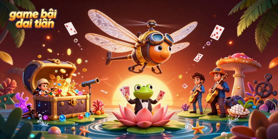 Engage in game bài đổi thưởng excitement with a vivid 3D casino scene featuring a dragonfly pilot and a frog croupier.