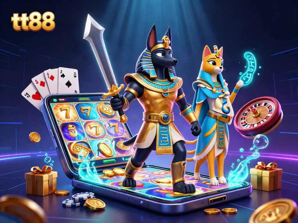 Spin the reels at tt88 with Anubis and Bastet amidst golden treasures and casino excitement.