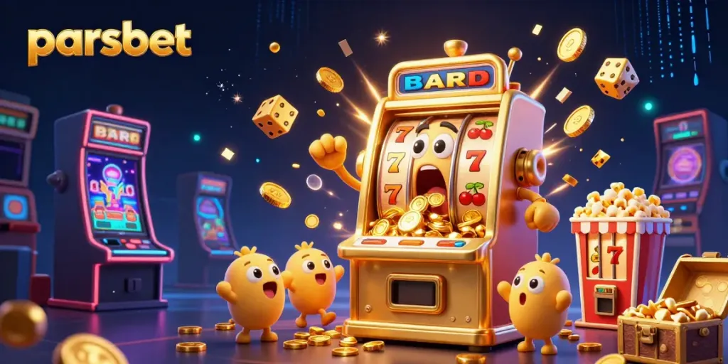Experience the excitement of parsbet's golden slot machine jackpot celebration in this vibrant 3D illustration.