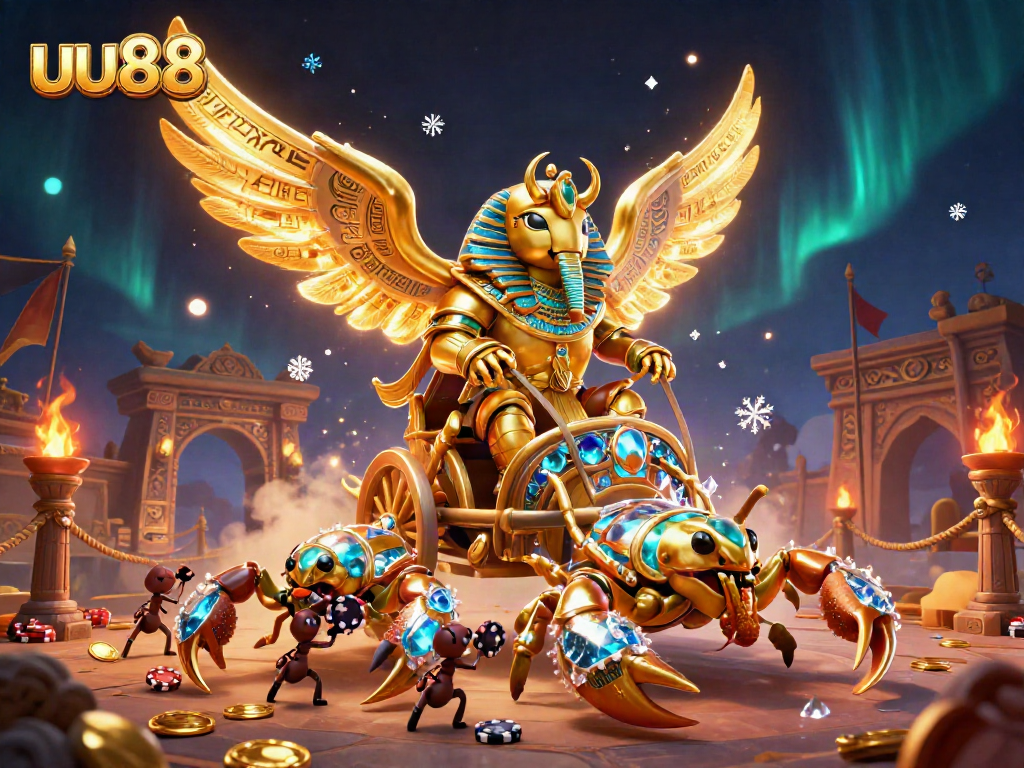 Engage with uu88's thrilling gaming scene, featuring a golden scarab chariot and jeweled scorpions.