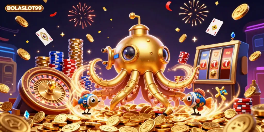 BOLASLOT99 promotes thrilling slot adventures with vibrant gold coins and a kraken-themed underwater scene.