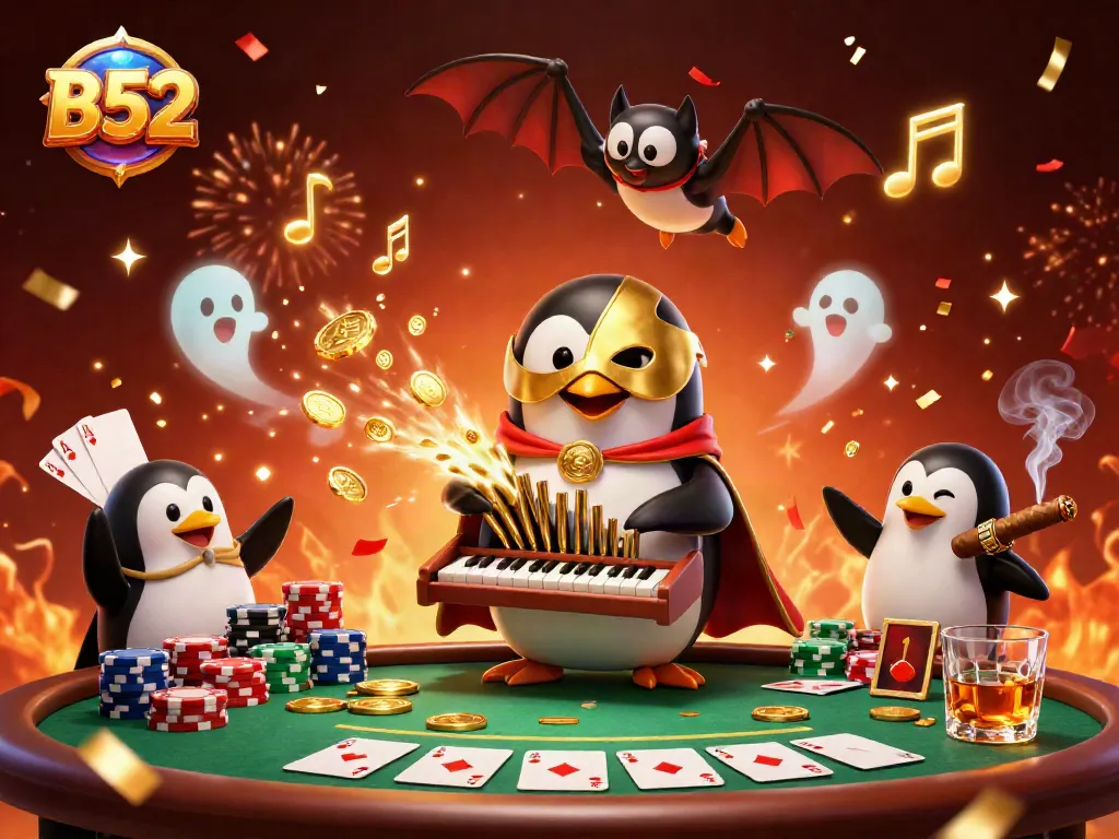 Play the B52 as the phantom penguin orchestrates golden coins in a lively casino scene.