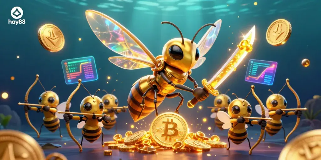 Experience thrilling gameplay at hay88 with a dynamic 3D casino scene showcasing a samurai hornet and bee archers.