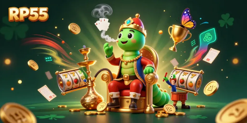 Engage with RP55 through an adventurous 3D illustration showcasing a charismatic hookah-master in a rich casino scene.
