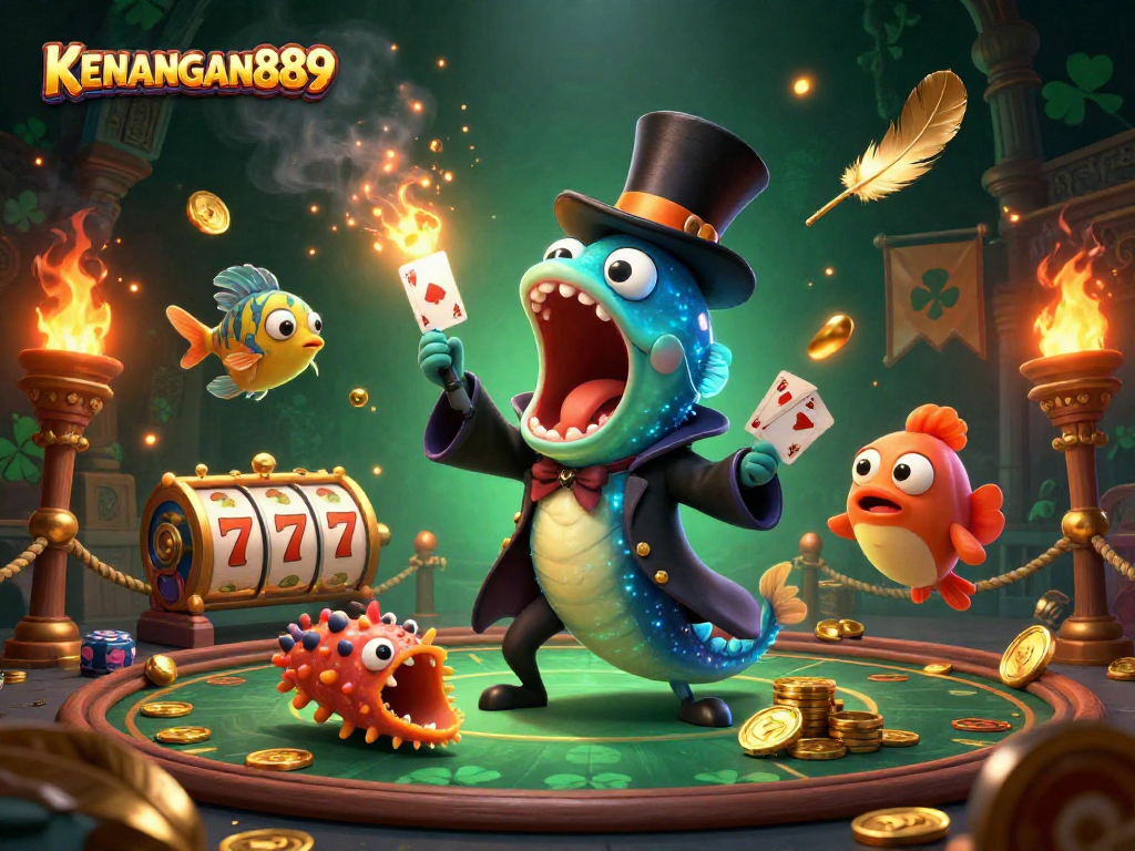 KENANGAN889 illuminates a vibrant casino scene with deep-sea characters and dynamic slot elements.