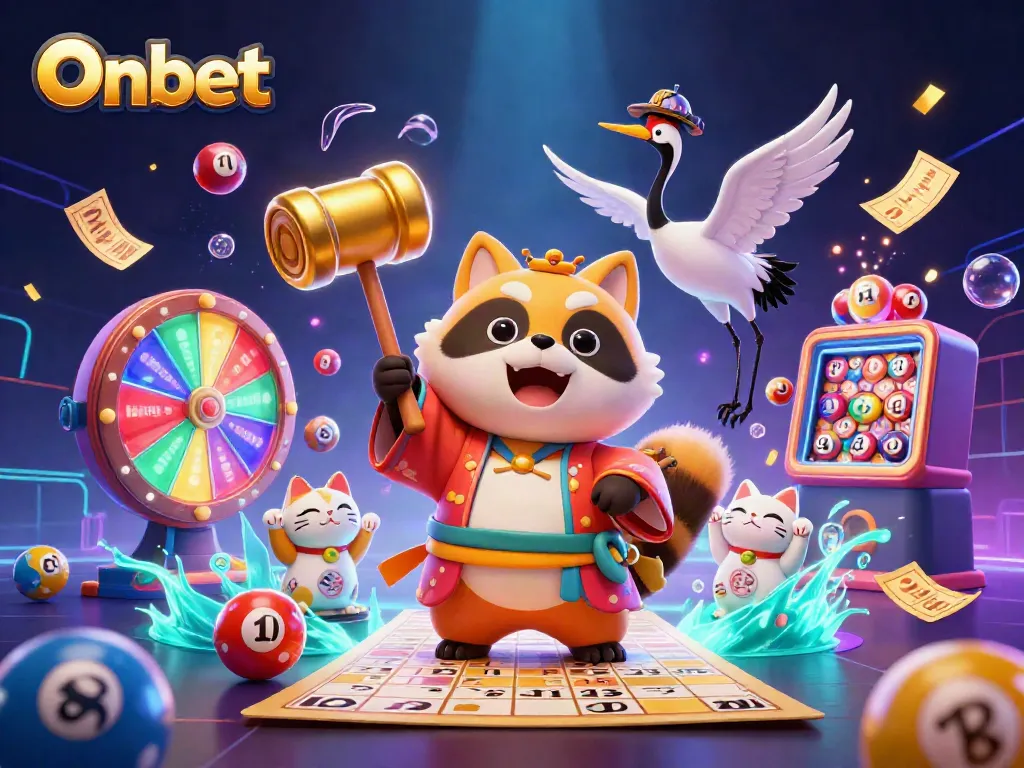 Experience the excitement of Onbet with a vibrant 3D scene featuring a cheerful tanuki and festive elements.
