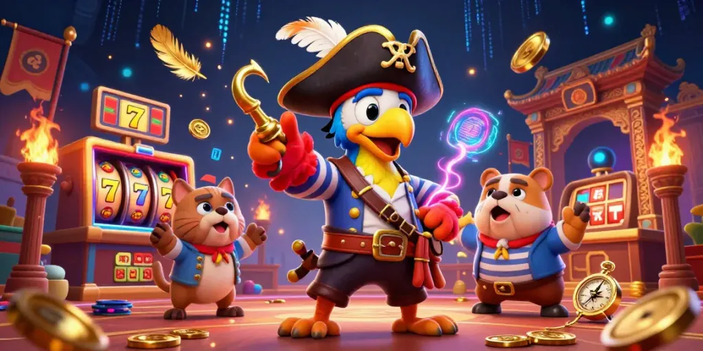Experience thrilling slots action with bosjoko while surrounded by dynamic casino elements and vibrant characters.