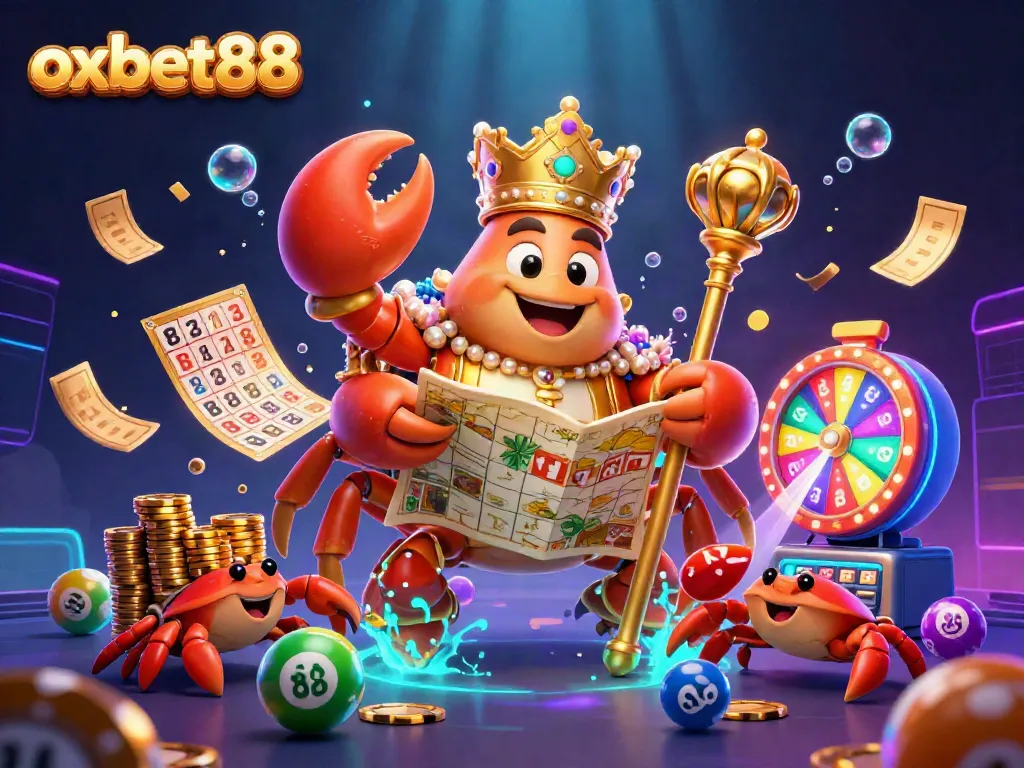 Engage with the vibrant world of oxbet88 featuring a golden crab emperor amidst lottery elements, celebrating excitement in gaming.