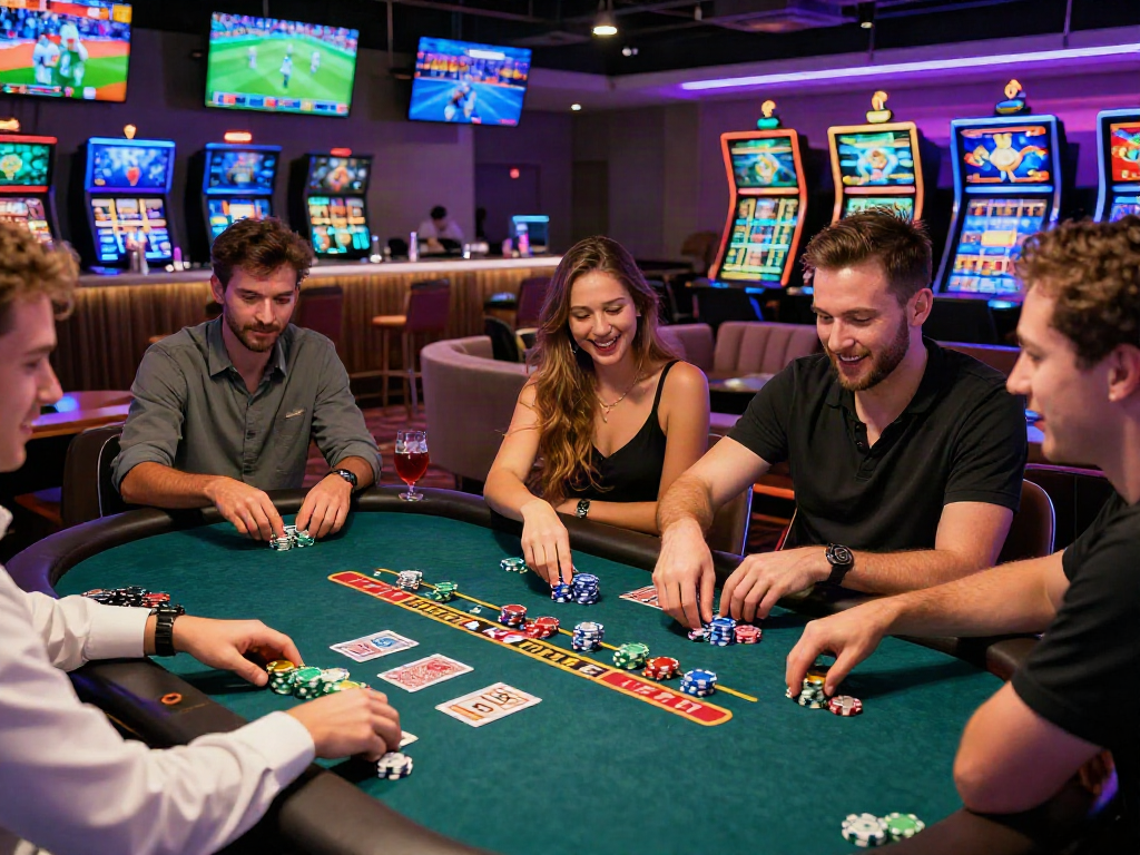 Friends enjoying an exciting gaming night at ALO8 casino table.