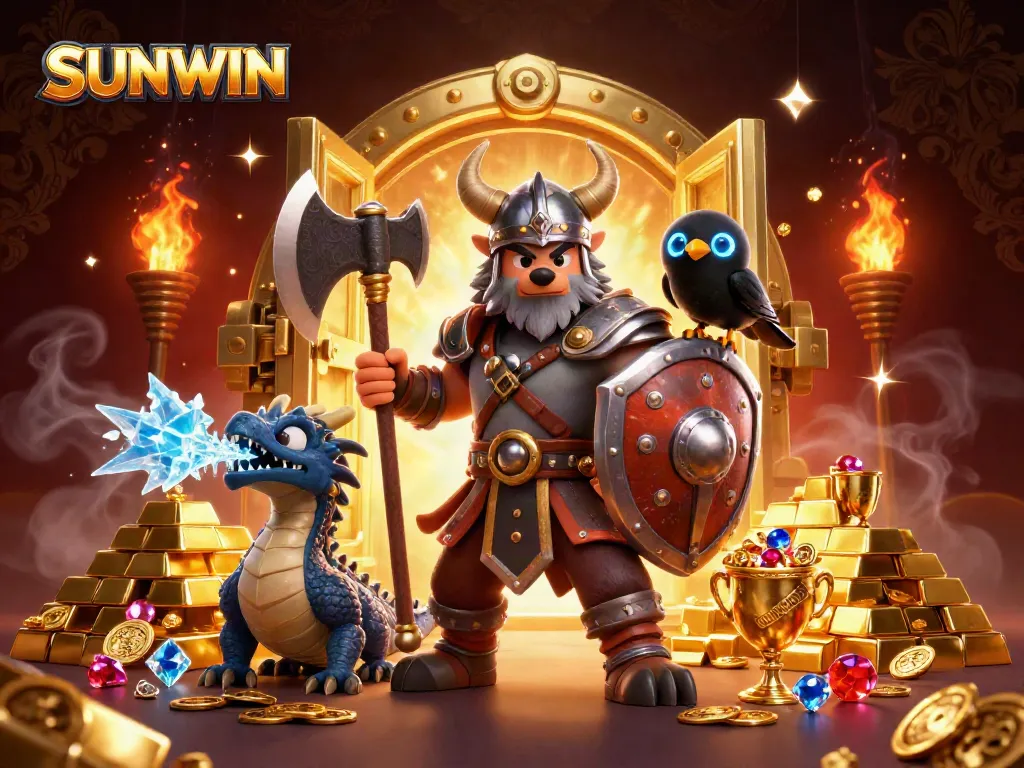 SUNWIN casino illustration featuring dynamic characters and treasures in an engaging 3D scene.