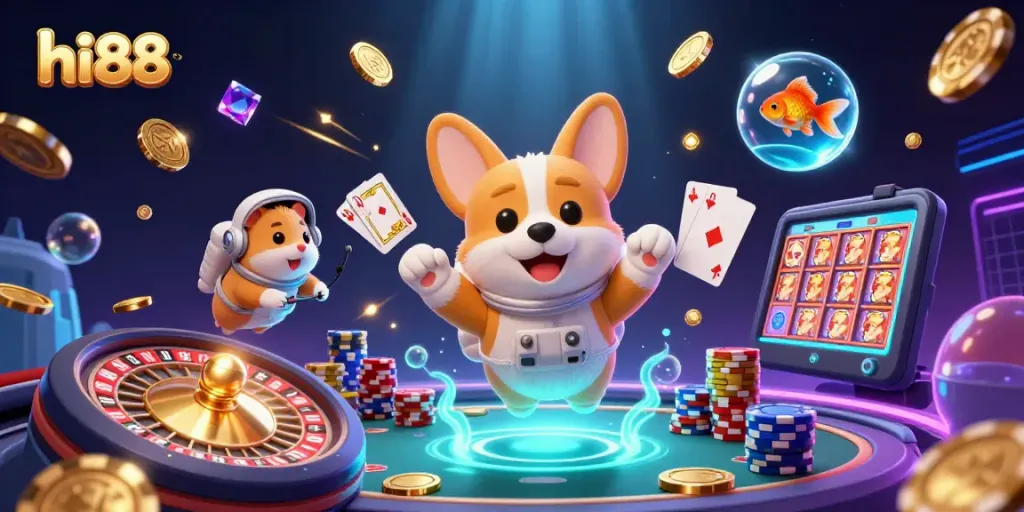 Engage with the vibrant hi88 casino scene featuring a floating corgi and casino elements.