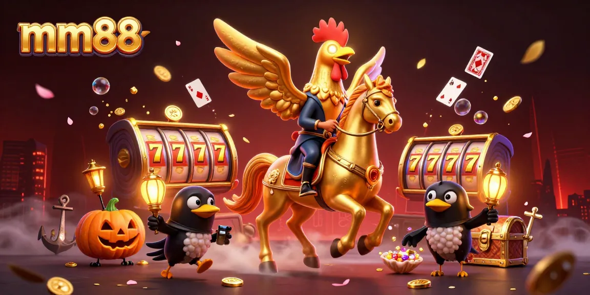 mm88 casino slot excitement with a golden rooster and golden lanterns in a vibrant gaming scene