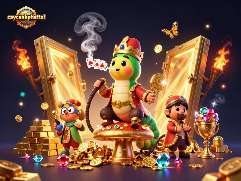 Caycanhphattai enhances gameplay with a unique 3D caterpillar character and treasure-filled scene.
