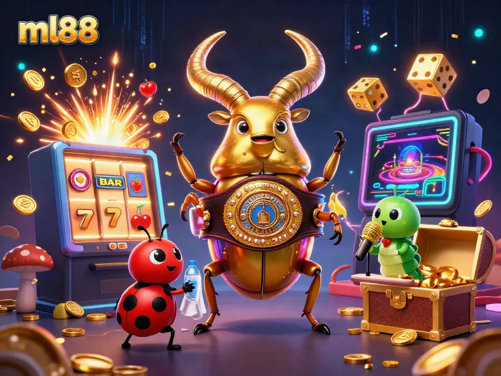 Engage with ml88's vibrant casino world featuring a golden beetle champion in a dynamic 3D casino setting.