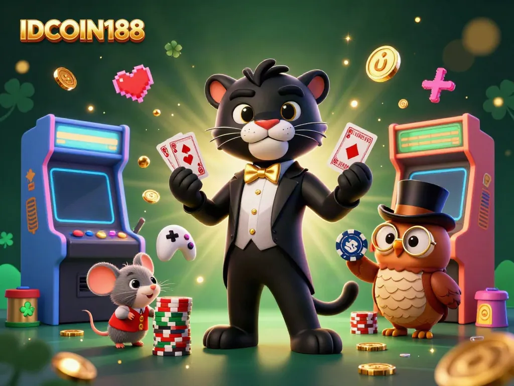 IDCOIN188 showcases a vibrant, cartoon-style scene with a panther dealer and gambling elements.