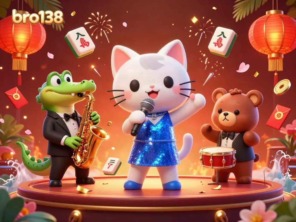 Experience excitement at bro138 with a vibrant casino scene featuring unique 3D characters and lucky symbols.