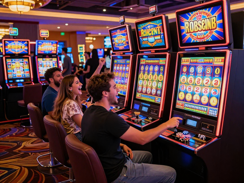 Pengalaman bandar slot yang meriah dengan teman-teman merayakan kemenangan di kasino.