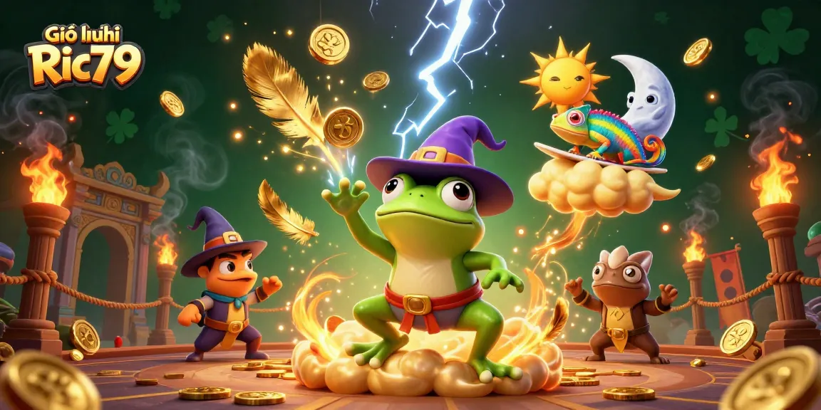 Experience the magic of Giới thiệu Ric79 with a vibrant scene of a wizard frog and chameleon amid golden coins.