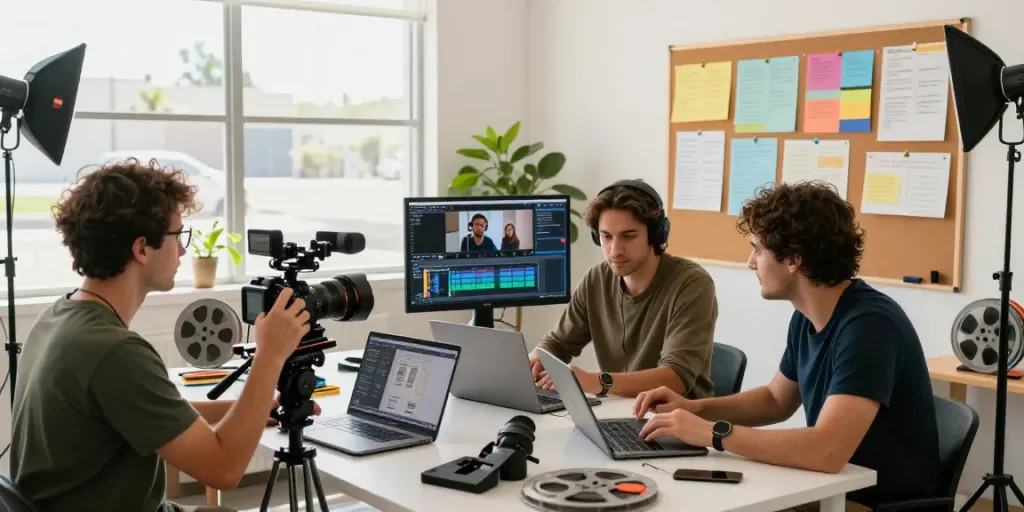 Video production company Orange County, California team collaborating in a vibrant studio.