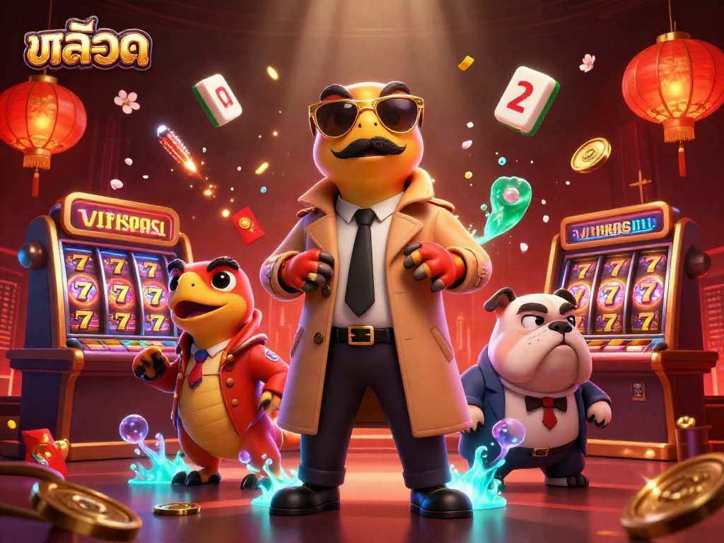 Spinning slot reels and golden lucky 7s in a cheerful casino scene with playful raptors, showcasing สล็อต.