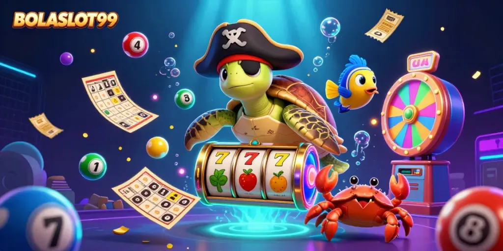 BOLASLOT99 showcases an exciting scene with a pirate turtle, hermit crab, and parrotfish amid dynamic slot reels and colorful lottery elements.