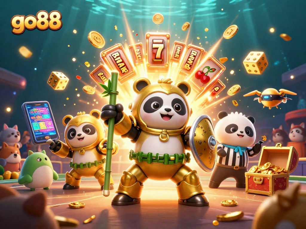 Trải nghiệm go88 với robot chiến đấu vàng trong không gian casino sống động.