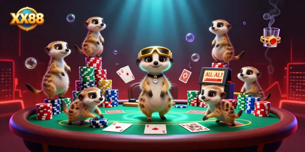 Experience the excitement of XX88 in a vibrant casino scene with meerkats and poker elements.