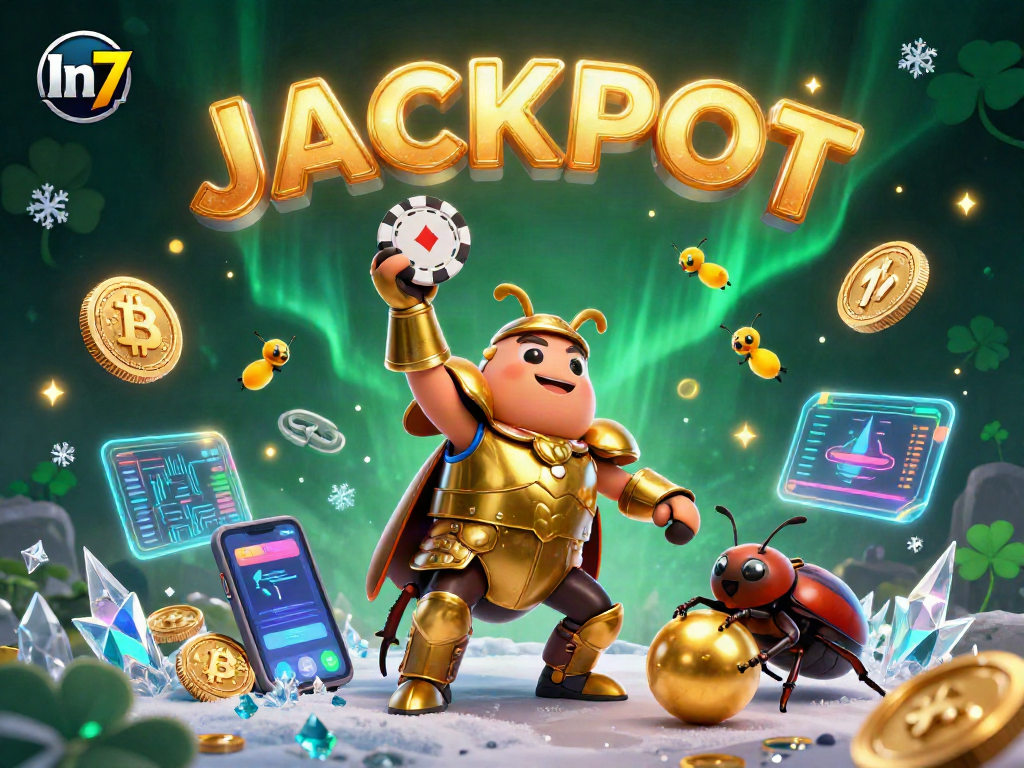 Engage with In7's thrilling casino atmosphere as cartoon beetles celebrate a jackpot