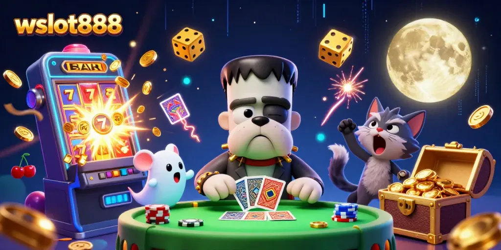 Permainan wslot888 dengan jackpot dan karakter lucu di meja kasino yang menakutkan