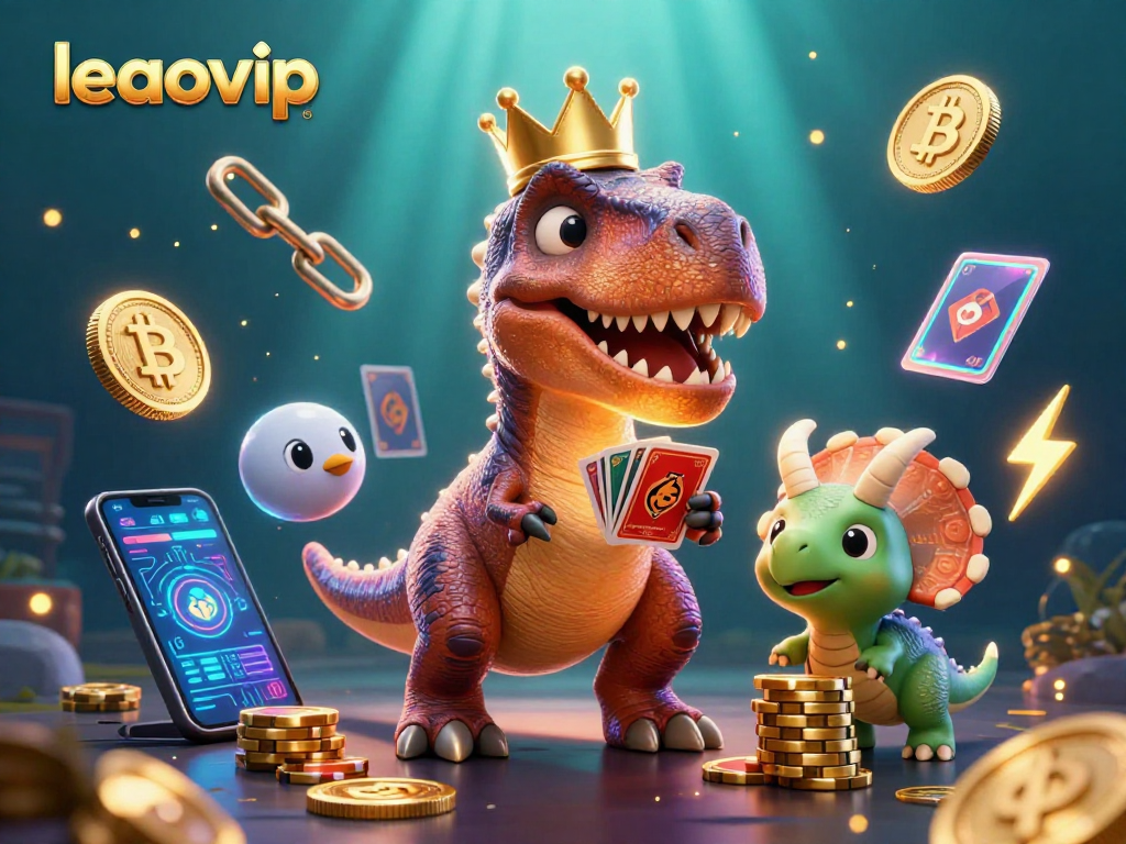 Experience the excitement of leaovip as a T-Rex shuffles cards, aided by friends, amidst dazzling casino elements.