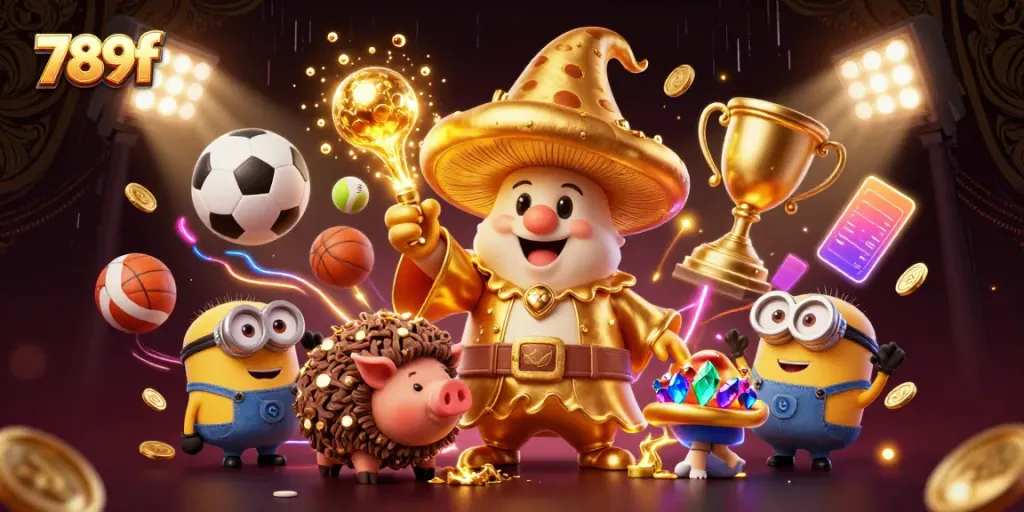 Experience the excitement of 789f with a whimsical casino-themed 3D illustration featuring magical characters and flying sports elements.
