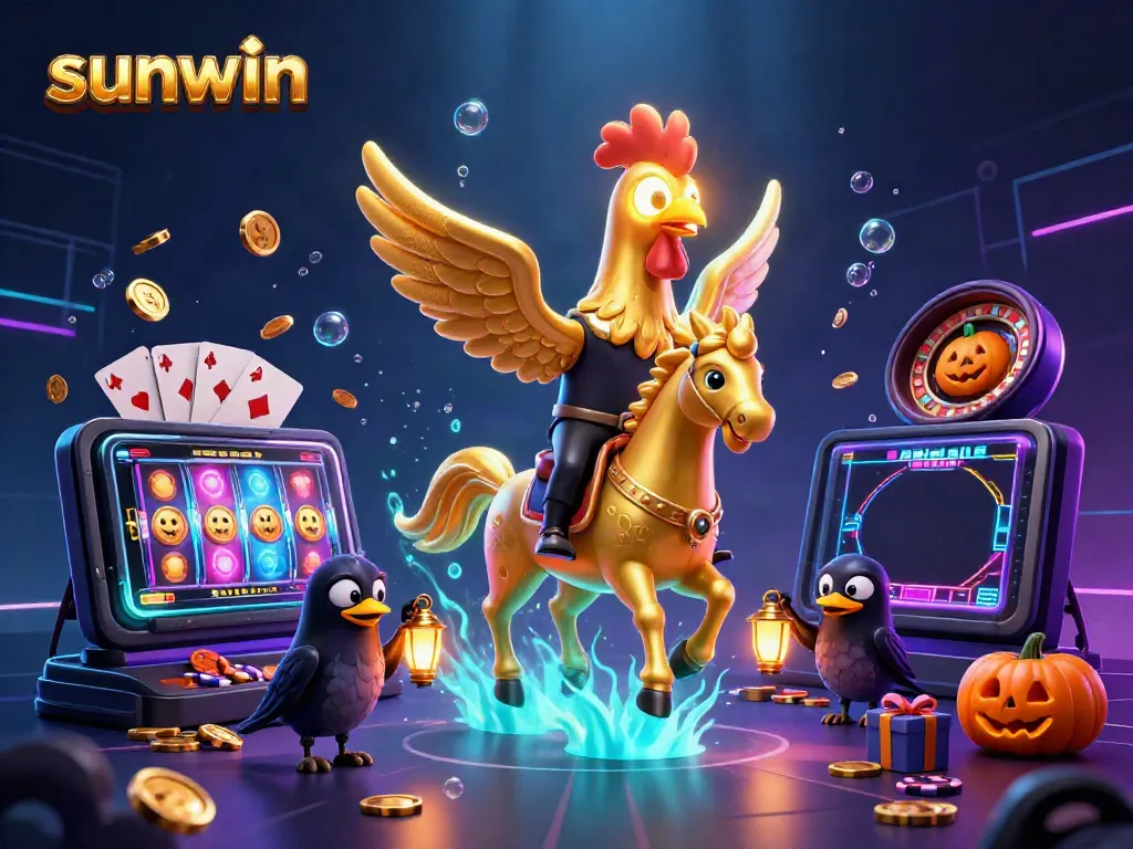 Experience sunwin's immersive gaming with a golden rooster and friends in a vibrant online casino scene.