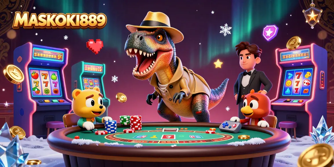 Witness the action at MASKOKI889 with playful dinos engaging in thrilling blackjack.