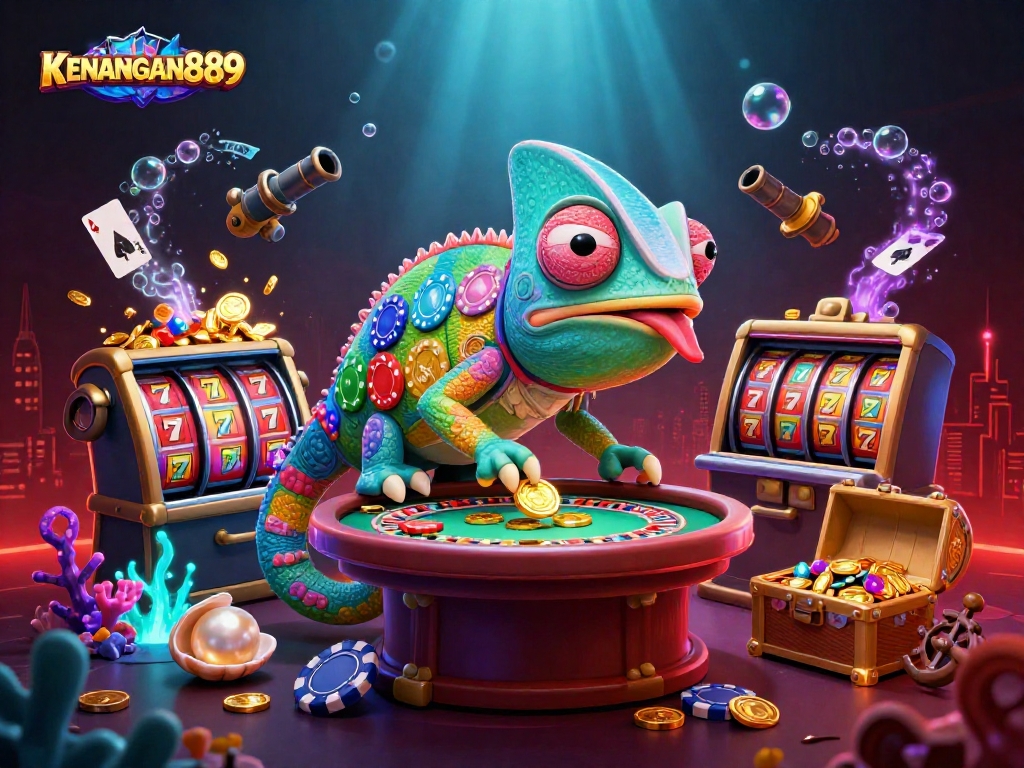 Experience thrilling gameplay at KENANGAN889 with dynamic slot reels, vibrant gold coins, and colorful casino elements
