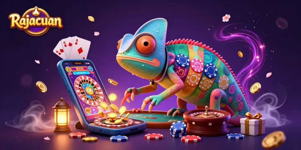 Discover Rajacuan's vibrant casino scene with a dynamic chameleon owner amidst gaming excitement and golden coins.