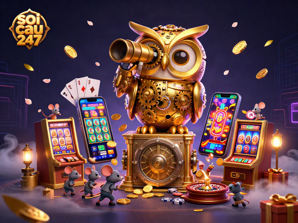 Soi cau 247 reveals a lively casino scene with vibrant 3D cartoon characters, slot games, and golden coins.