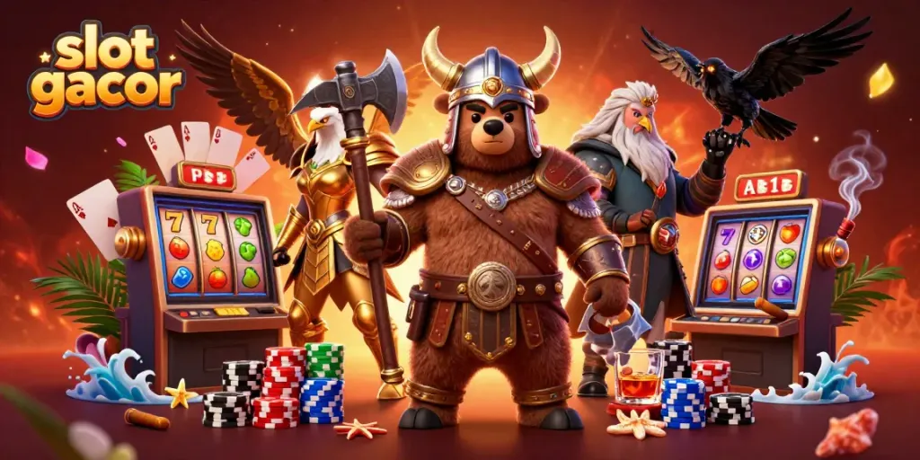 Experience the thrill of slot gacor with a Viking bear and Valkyrie eagle in an action-packed casino scene.