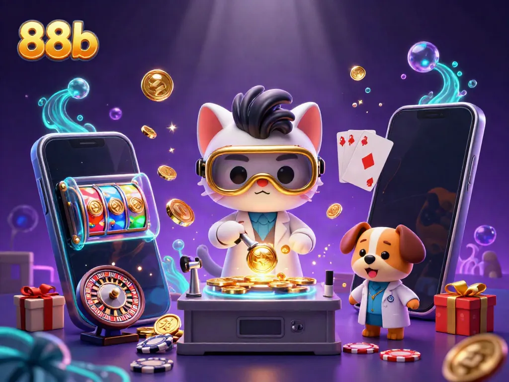 88b slot game featuring a mad scientist cat and dog amidst flying coins and gaming elements