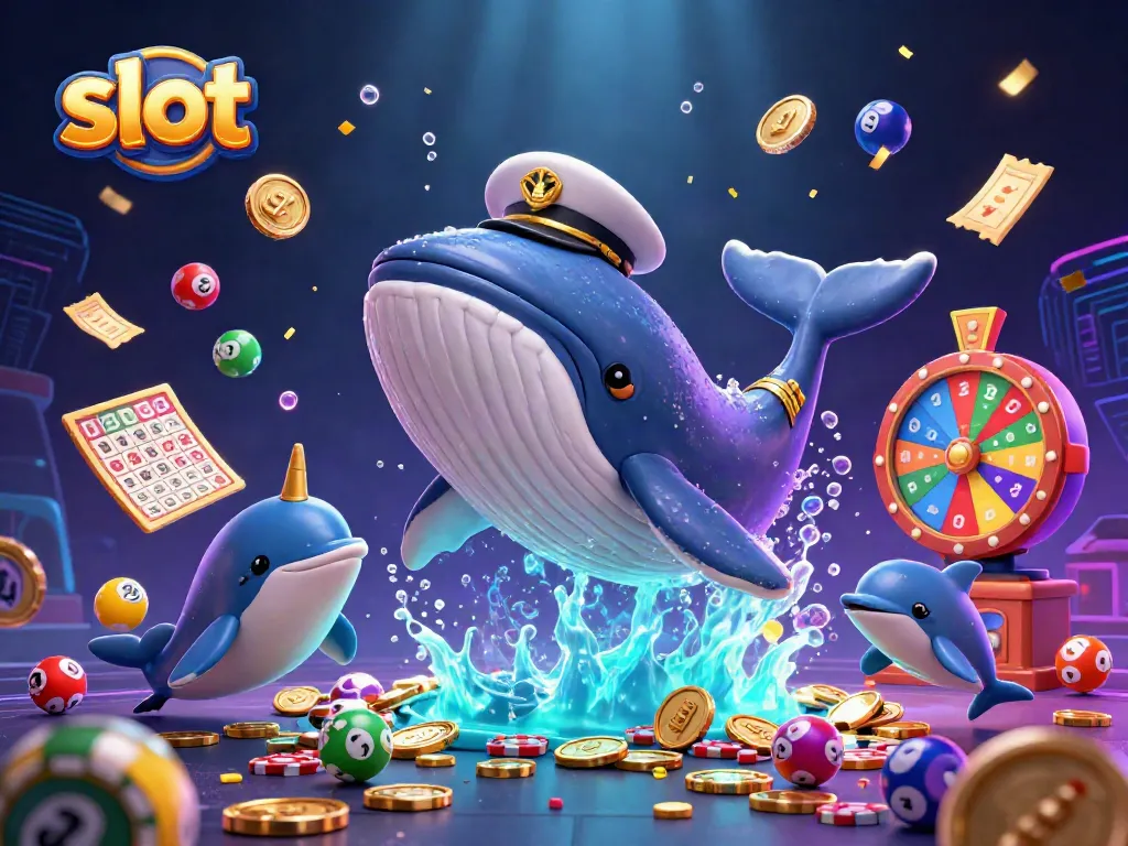 Engage with thrilling slot gameplay featuring golden whale, narwhal, and dancing dolphins in a casino scene.