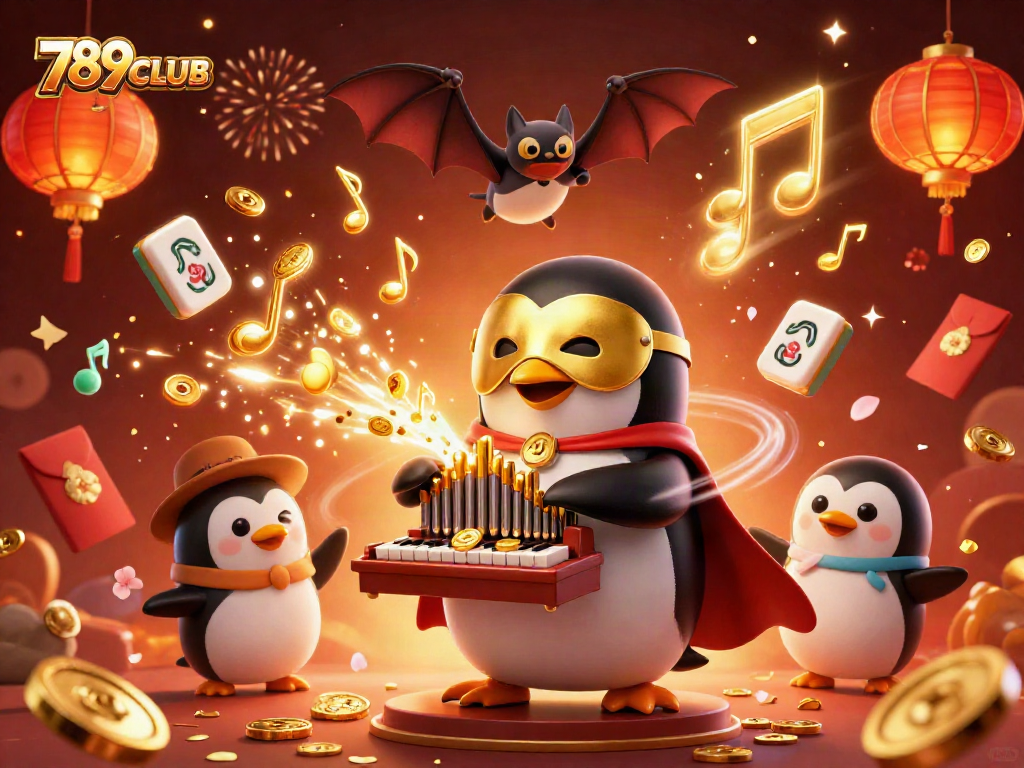 Engage with 789CLUB’s vibrant casino world featuring a penguin playing a golden pipe organ amidst rich game elements.