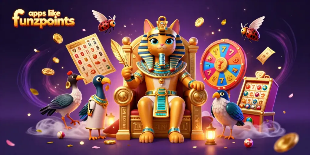 Spin gold coins and slots at apps like funzpoints, featuring a pharaoh cat and dynamic prizes.