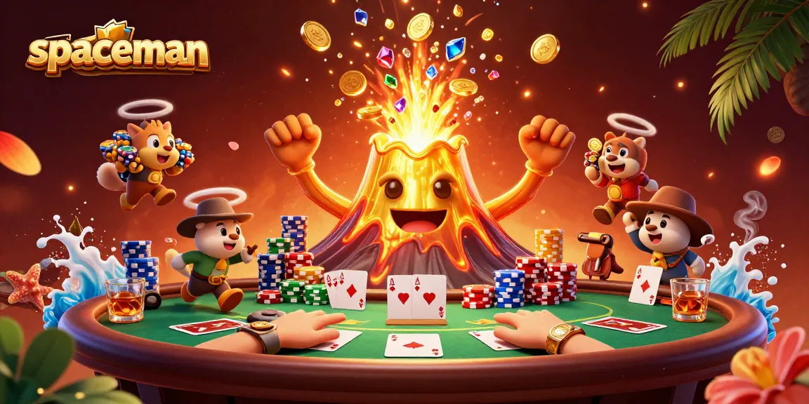 Spaceman-themed casino scene featuring a triumphant volcano and treasure-filled explorers.